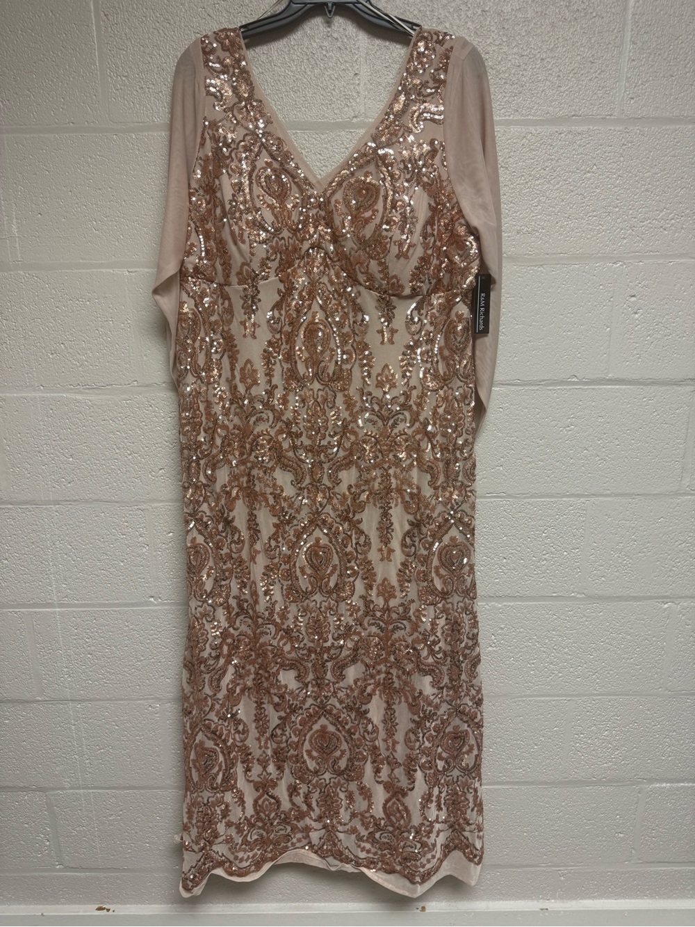 R&M Richards Rose Gold Sequin V-Neck Midi Dress